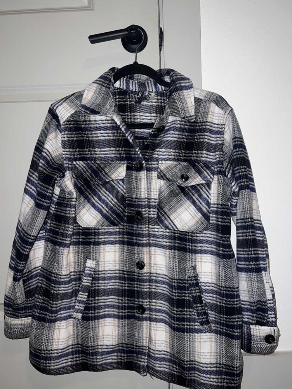 H&M Navy & White Plaid Shacket Jacket